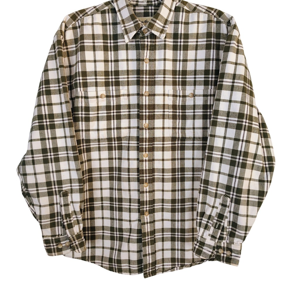 Eddie Bauer Mens Large Olive Green Plaid Flannel Button Down Shirt Cotton L